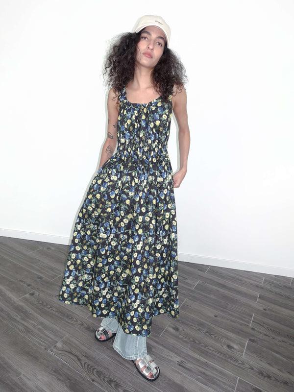 cubic High Waist Floral Sling Dress Black