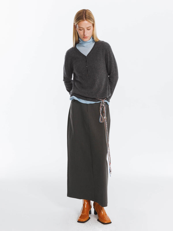 Cubic High Waist Long Skirt With Back Slit Black