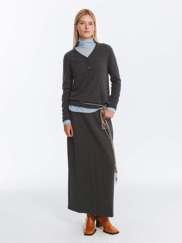 Cubic High Waist Long Skirt With Back Slit Black