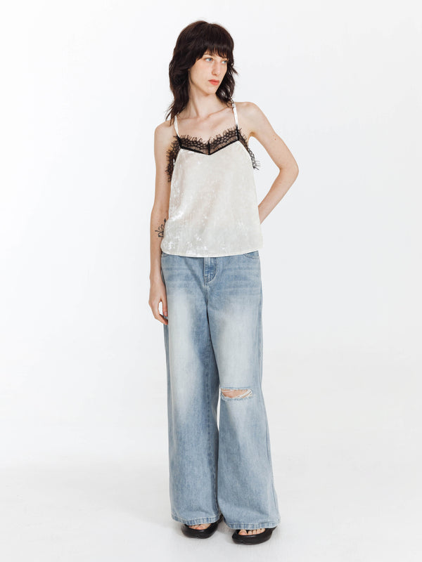 Cubic High Waist Wide Leg Distressed Jeans SkyBlue