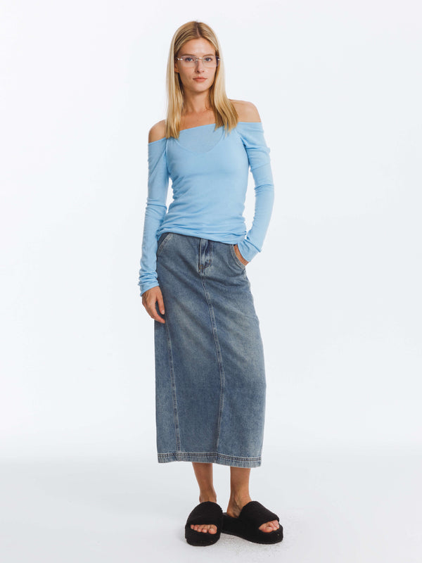 Cubic High Waisted A-line Denim Skirt SteelBlue