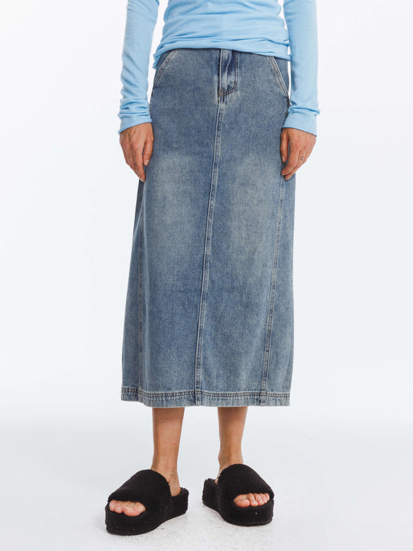 Cubic High Waisted A-line Denim Skirt SteelBlue