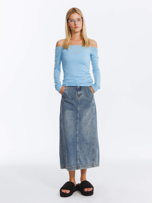 Cubic High Waisted A-line Denim Skirt SteelBlue