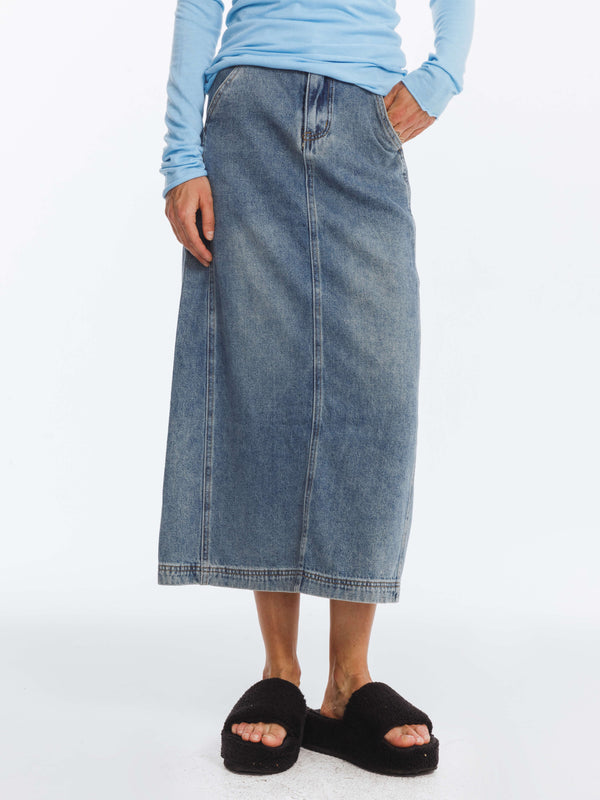 cubic High Waisted A-line Denim Skirt SteelBlue
