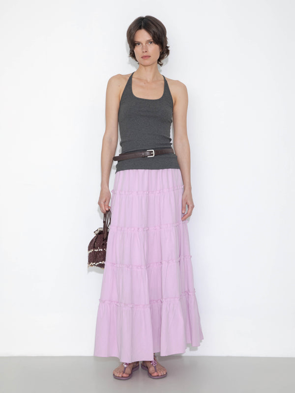 cubic High-Waisted A-Line Maxi Flowy Skirt White