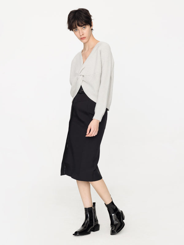 Cubic High Waisted Belted Pencil Skirt Black