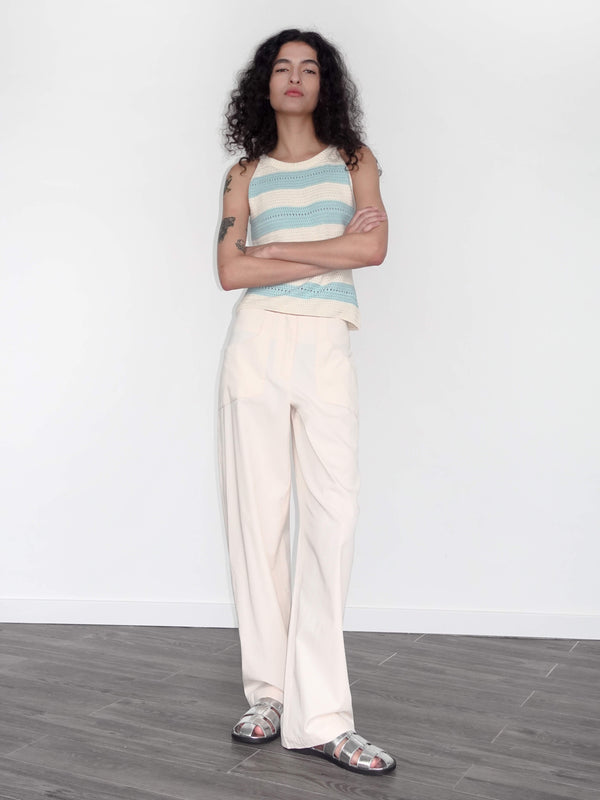 Cubic High Waisted Cotton Straight Trousers Beige