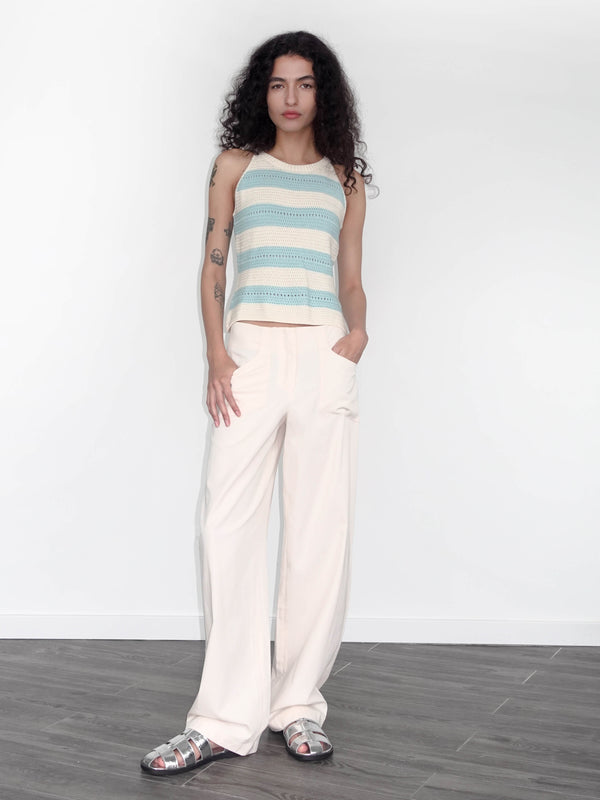 Cubic High Waisted Cotton Straight Trousers Beige