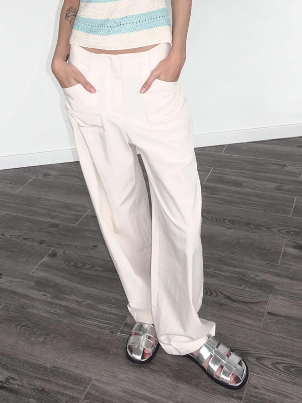 Cubic High Waisted Cotton Straight Trousers Beige