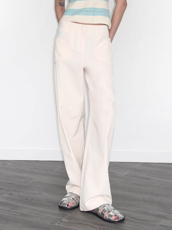 cubic High Waisted Cotton Straight Trousers Beige