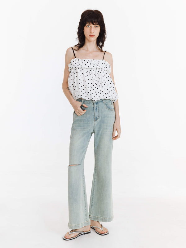 Cubic High Waisted Distressed Flared Jeans White