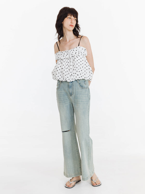 Cubic High Waisted Distressed Flared Jeans White
