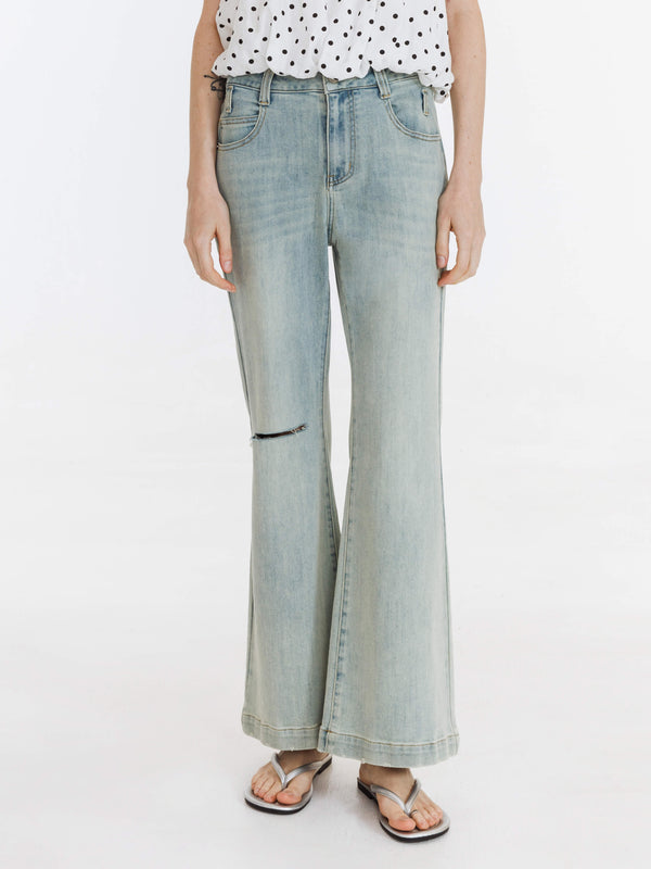 cubic High Waisted Distressed Flared Jeans White