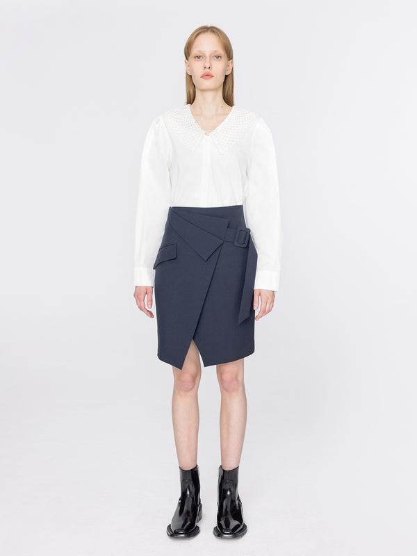 Cubic High Waisted Layered Wrap Skirt Navy