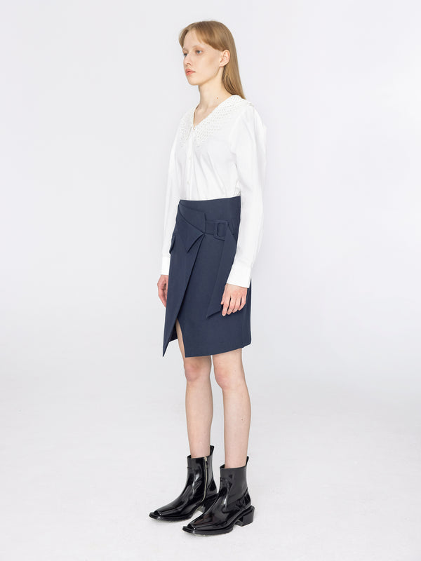 Cubic High Waisted Layered Wrap Skirt Navy