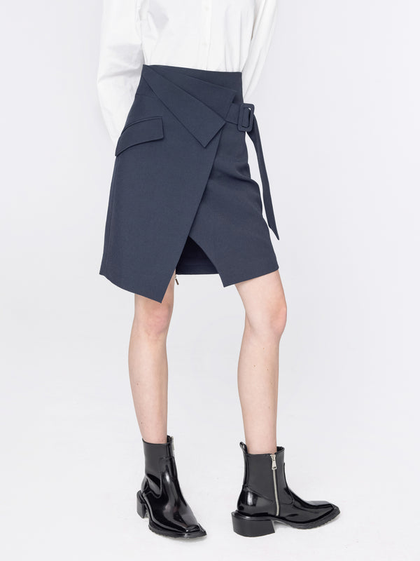 cubic High Waisted Layered Wrap Skirt Navy