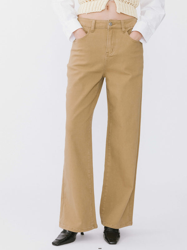 cubic High Waisted Wide Leg Jeans Khaki