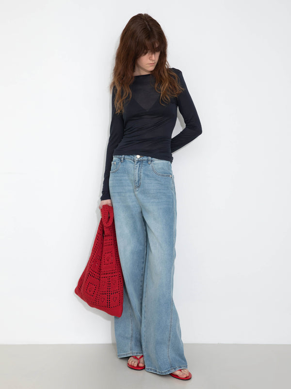 Cubic High-Waisted Wide-Leg Straight Jeans Beige