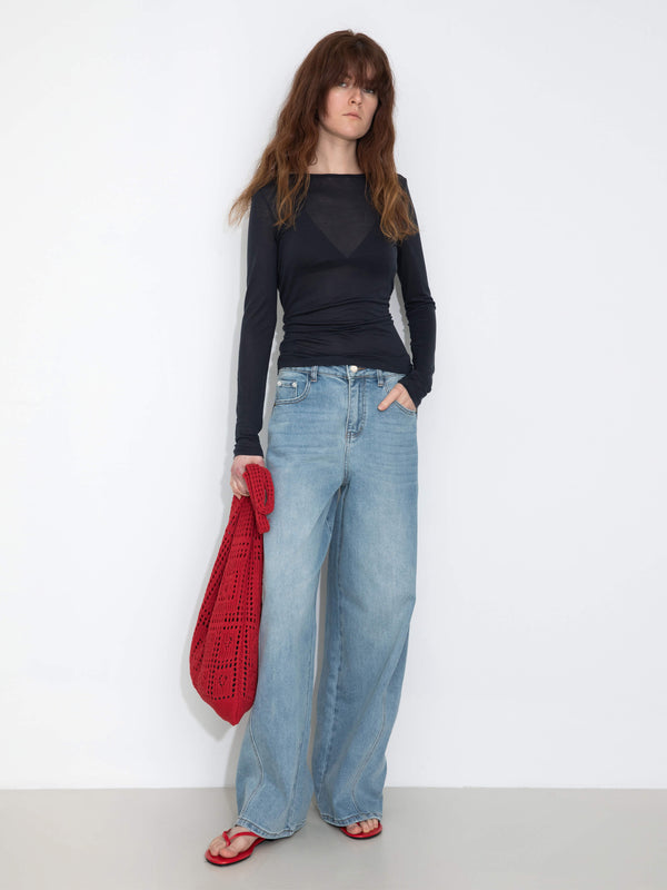 cubic High-Waisted Wide-Leg Straight Jeans Beige