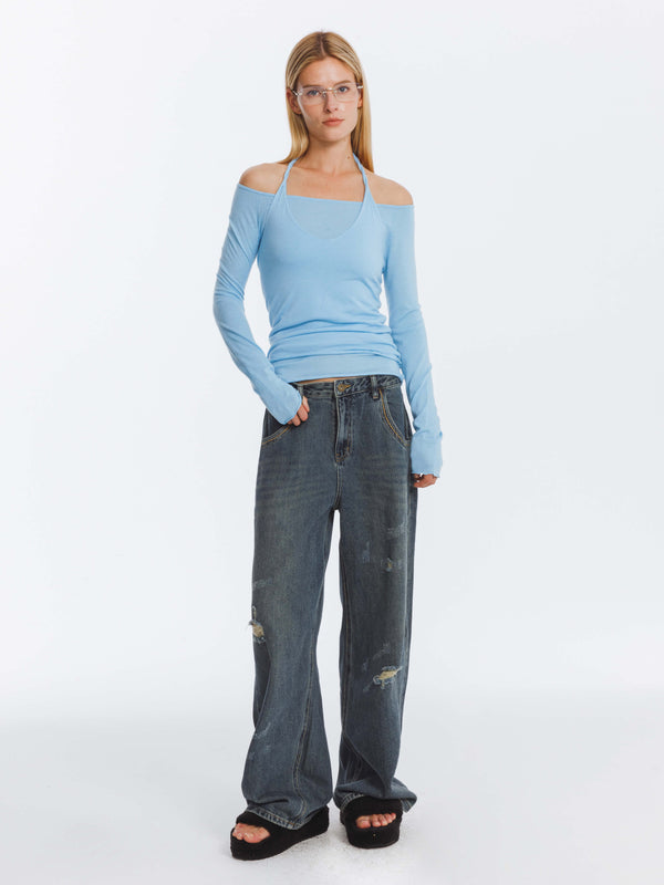 Cubic Hole Washed Straight Jeans SteelBlue