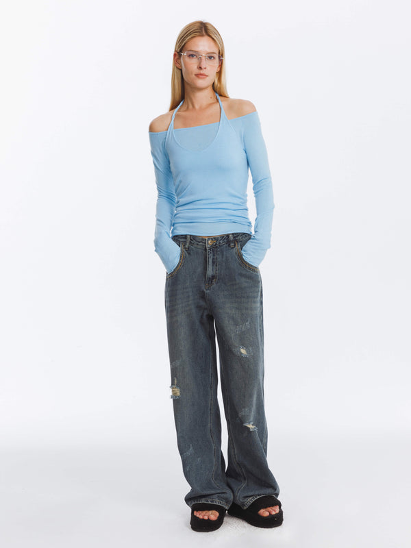 Cubic Hole Washed Straight Jeans SteelBlue