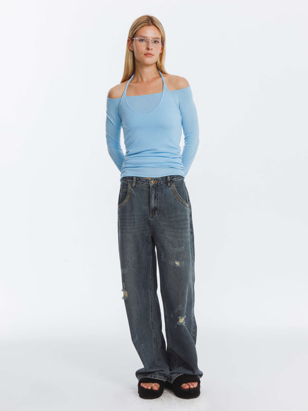 Cubic Hole Washed Straight Jeans SteelBlue