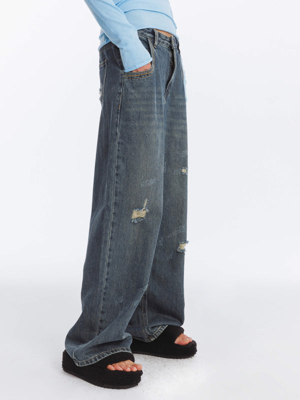 cubic Hole Washed Straight Jeans SteelBlue
