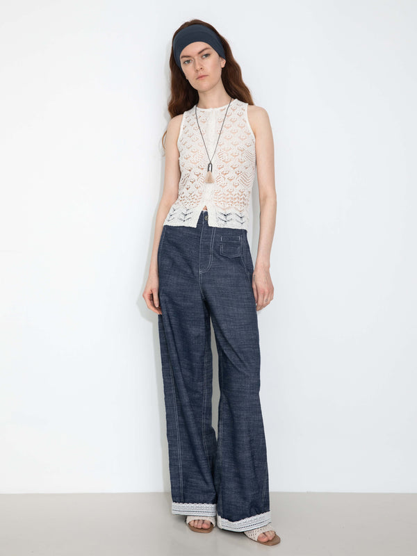 Cubic Hollow-Out Crochet Knit Sleeveless Top White