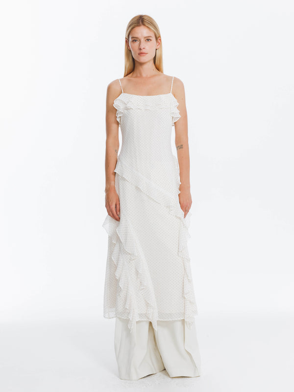 Cubic Irregular Ruffled Polka Dot Sling Skirt Snow