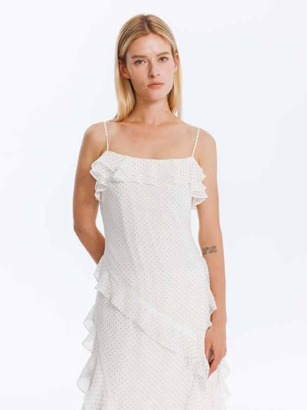 Cubic Irregular Ruffled Polka Dot Sling Skirt Snow