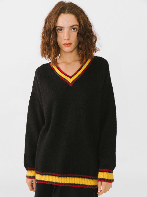cubic Knitted V-Neck Pullover Black