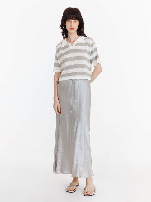 Cubic Knitted Wide Stripe Lapel T-shirt Gray