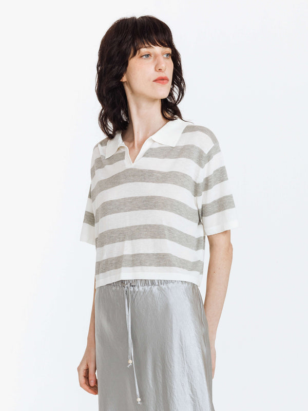 Cubic Knitted Wide Stripe Lapel T-shirt Gray
