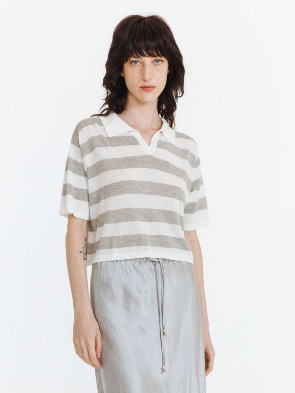 cubic Knitted Wide Stripe Lapel T-shirt Gray
