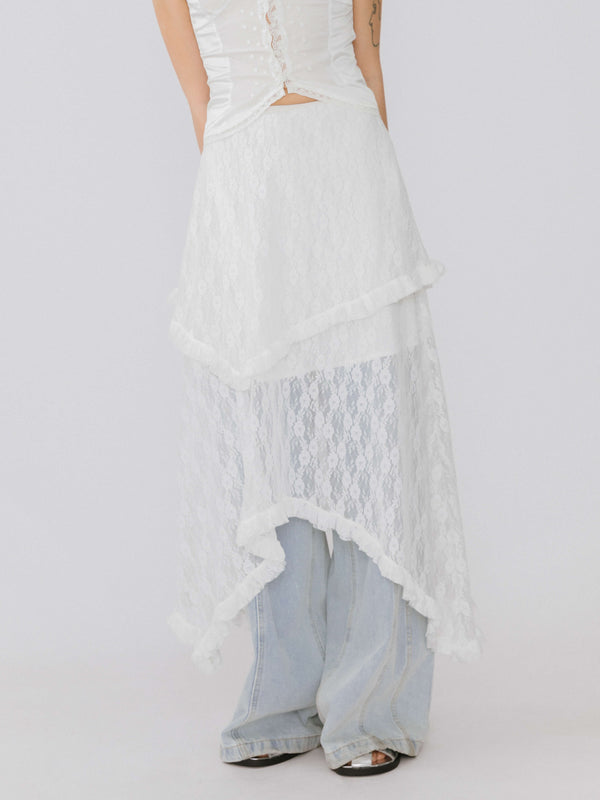Cubic Lace Asymmetrical Layered Maxi Skirt White