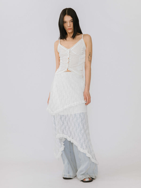 Cubic Lace Asymmetrical Layered Maxi Skirt White