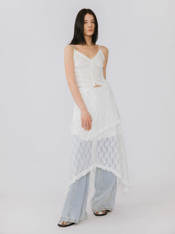 cubic Lace Asymmetrical Layered Maxi Skirt White