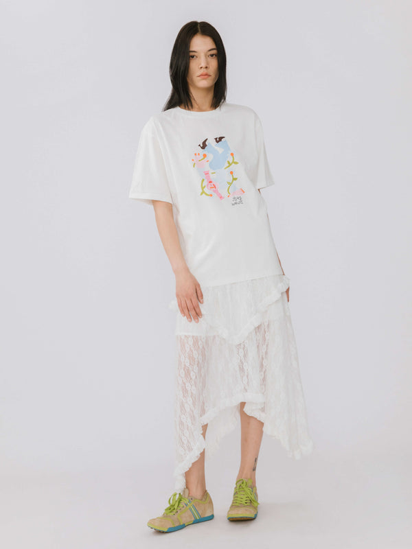 Cubic Lace Asymmetrical Layered Maxi Skirt White
