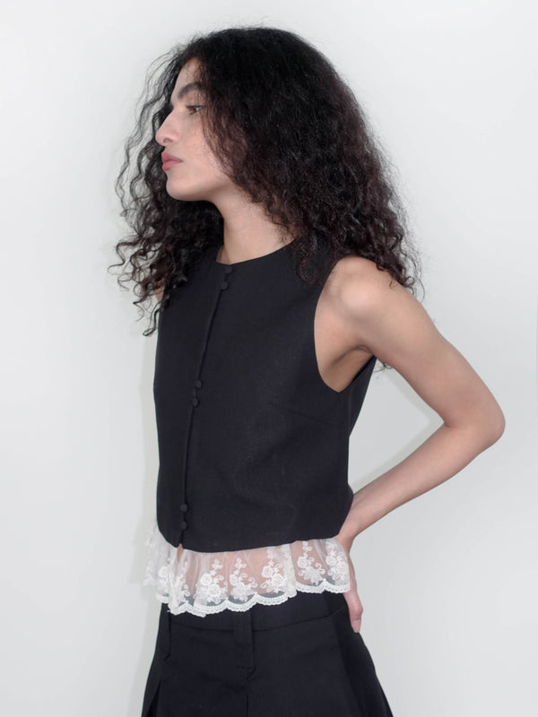Cubic Lace Hem Patchwork Black Tank Top Black