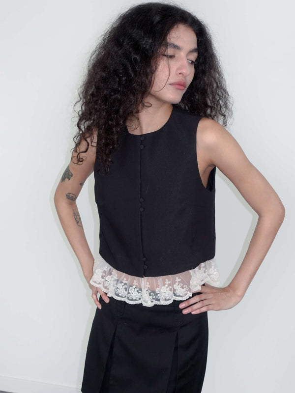 Cubic Lace Hem Patchwork Black Tank Top Black