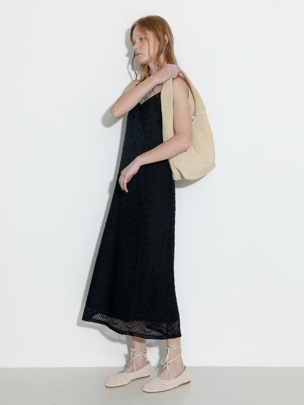 Cubic Lace Hollow Out A-Line Sling Dress Black