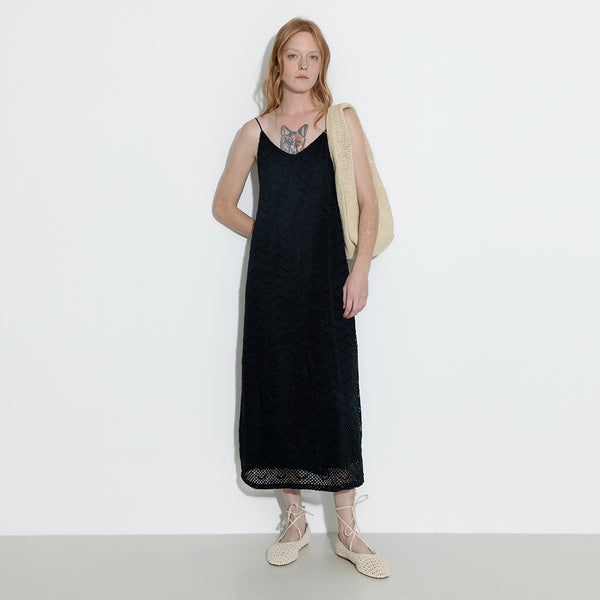 Cubic Lace Hollow Out A-Line Sling Dress Black