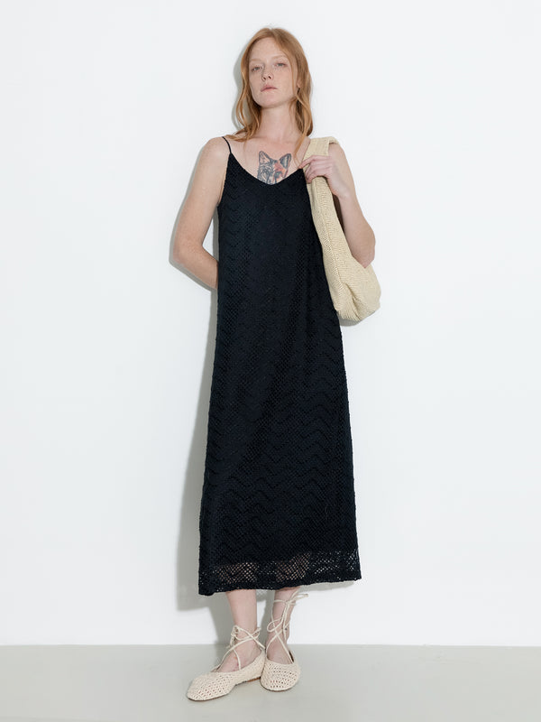 cubic Lace Hollow Out A-Line Sling Dress Black