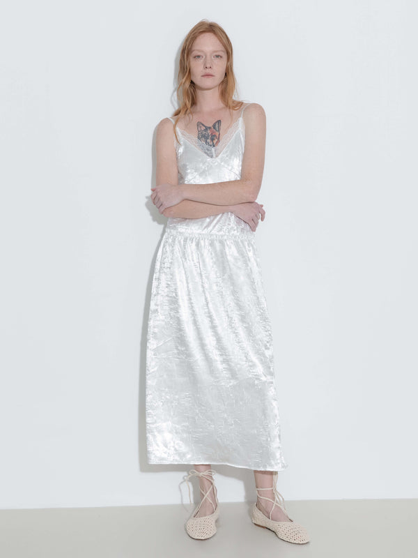 Cubic Lace Neck Sling Dress White