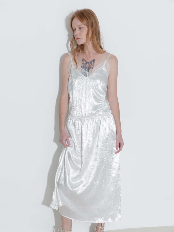 Cubic Lace Neck Sling Dress White