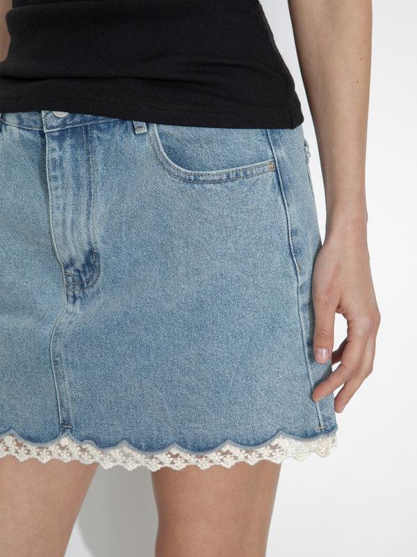 Cubic Lace Panelled Denim Skirt Blue