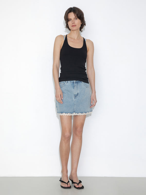 Cubic Lace Panelled Denim Skirt Blue