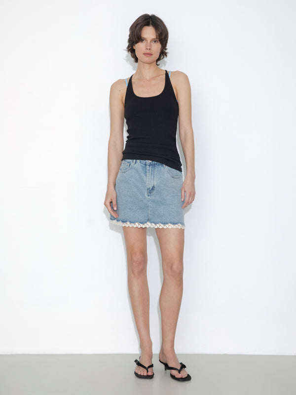cubic Lace Panelled Denim Skirt Blue