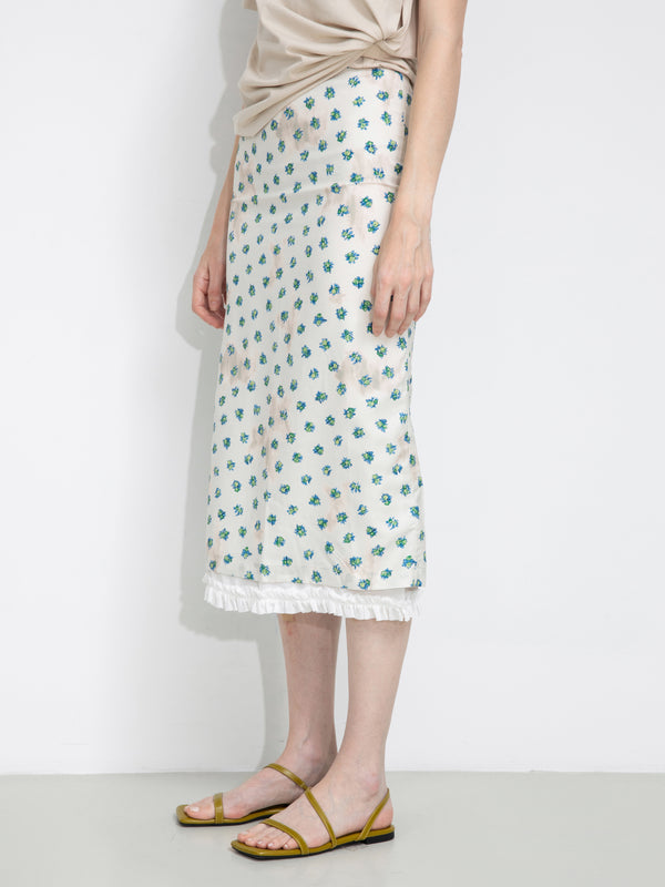 Cubic Lace Patchwork Floral Printed Skirt White