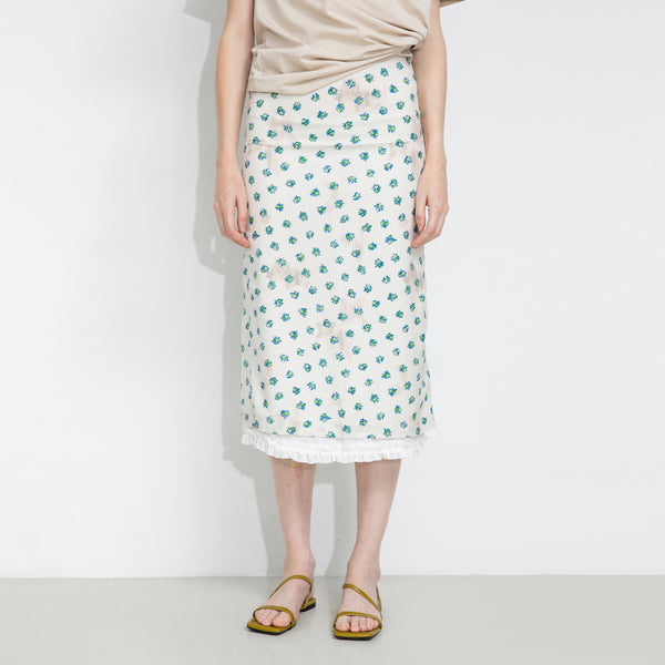 Cubic Lace Patchwork Floral Printed Skirt White